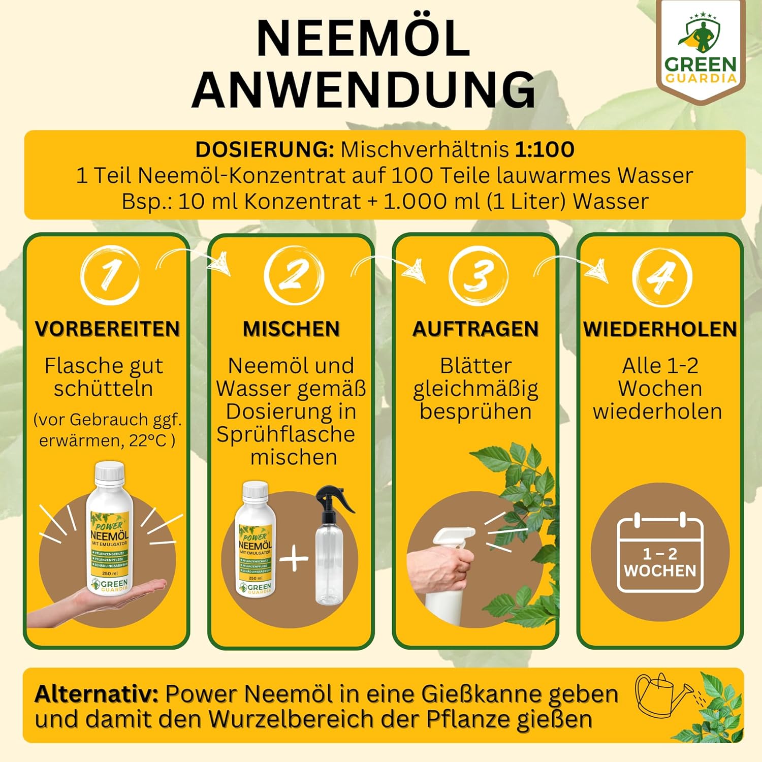 Power Neemöl mit Emulgator für Zimmerpflanzen & Garten - Green Guardia - Ihr Experte für Schädlinge und Pflanzen